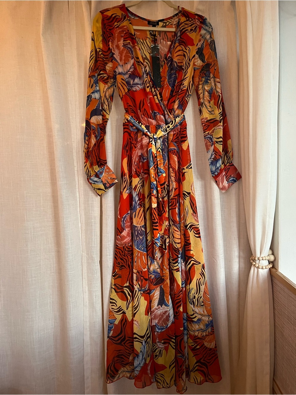 NWT MULTICOLOR TROPICAL Print Maxi Dress with Belt - Picture 6 of 9